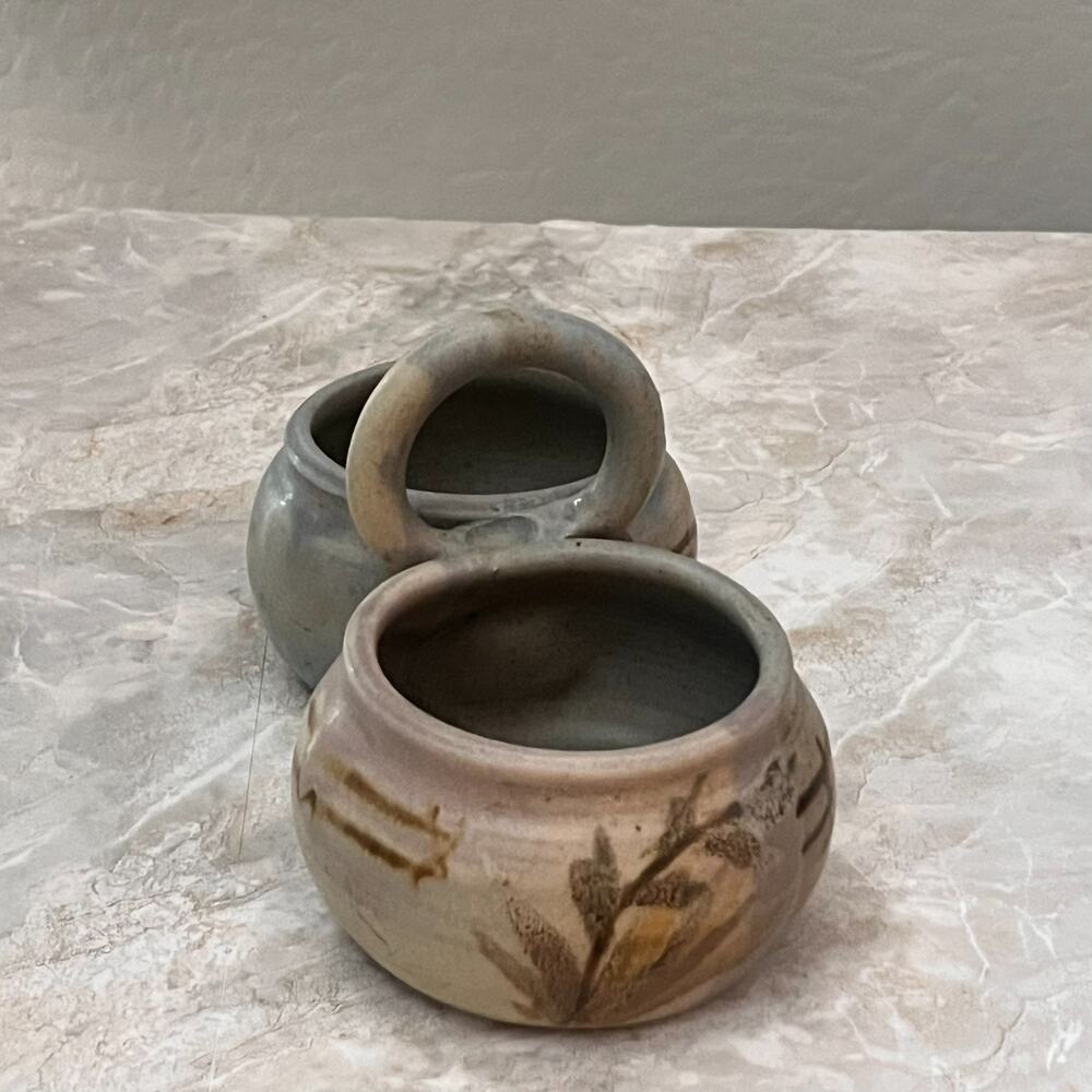 Studio Art Pottery Two Bowl Condiment Dish With Handle Stoneware Muted Colors